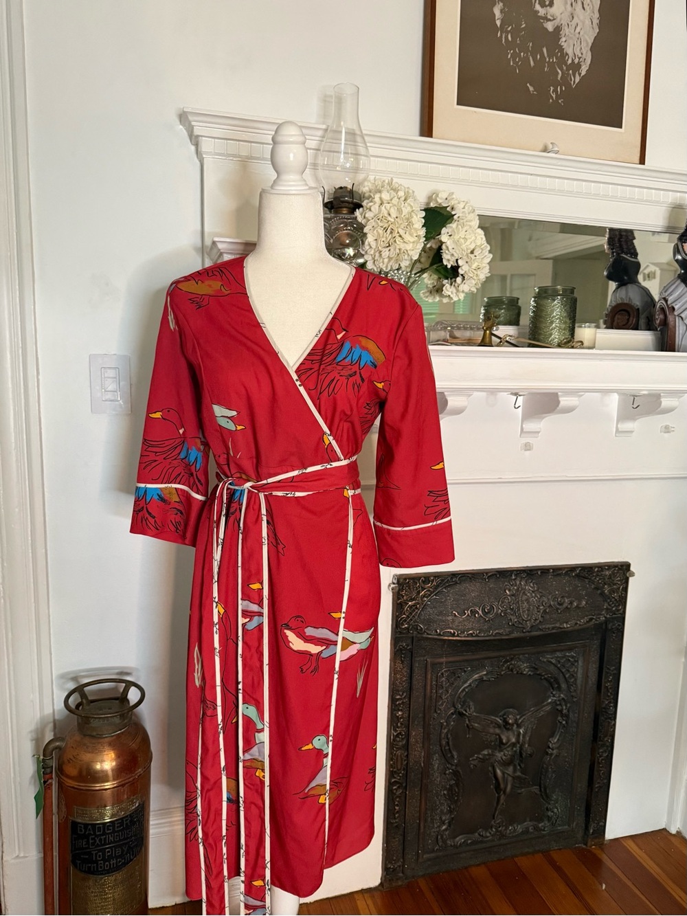 Rachel Antonoff Red Wrap Midi Dress with Multicolor Mallard Print